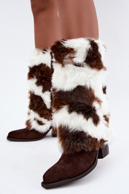 Braune warme Überknie-Stiefel mit Fell Saphielle