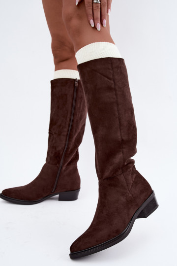 Chocoladekleurige warme suède laarzen tot boven de knie met lage hak Philomene 2