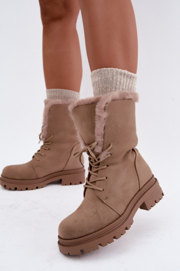 Zandkleurige warme veterschoenen voor enkels met bont aan de binnenkant Heloise 2