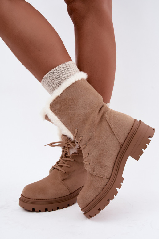 Ivoor kleurige warme veterschoenen voor enkels met bont aan de binnenkant Heloise