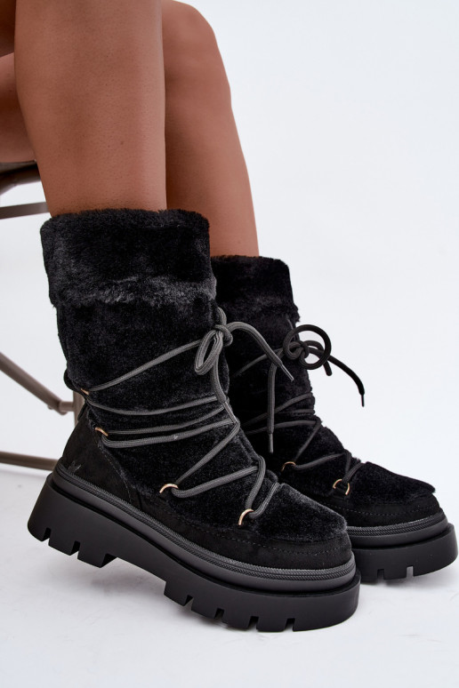 Schwarze Schneestiefel mit Fell und Plattform Illyria