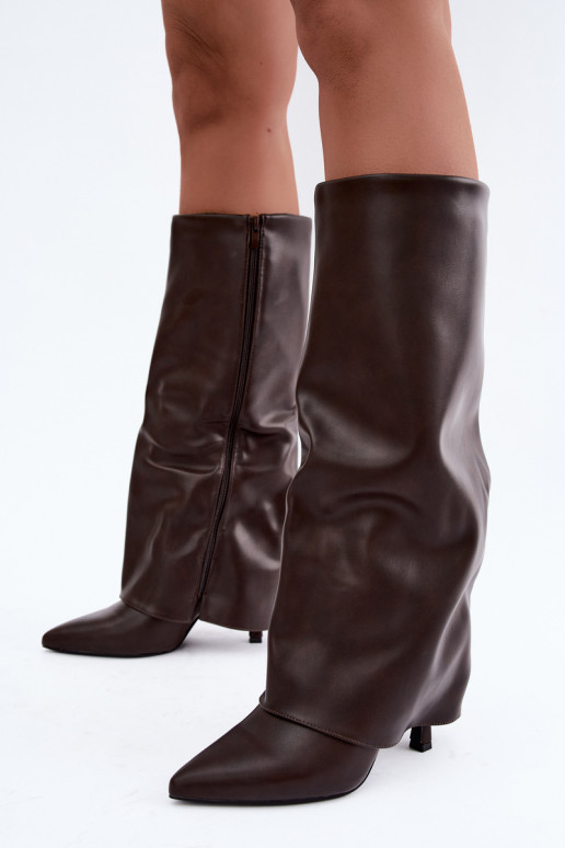 Fleecegefütterte kniehohe Stiefel mit dünnen Absätzen und einem korallenfarbenen Schaft