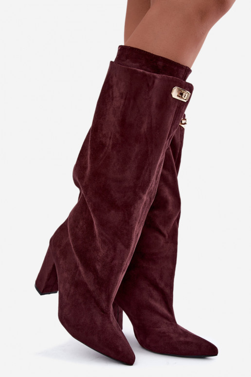 Gevoerde kniehoogte laarzen met dubbele schacht en bordeauxkleurige faux suede hakken van Luminelle