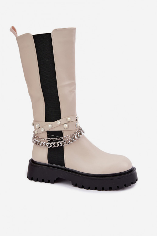 gefütterte kniehohe Stiefel mit Plateau und Ketten in sandfarben Doremi