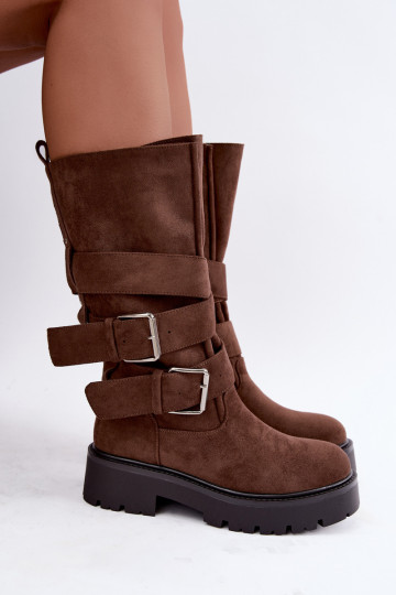 gefütterte kniehohe Stiefel mit Plateau und Schnallen in braun Palomae