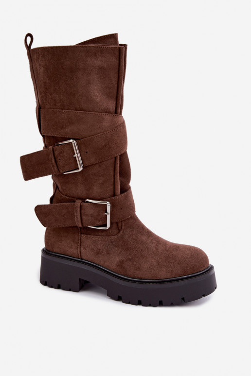 gefütterte kniehohe Stiefel mit Plateau und Schnallen in braun Palomae