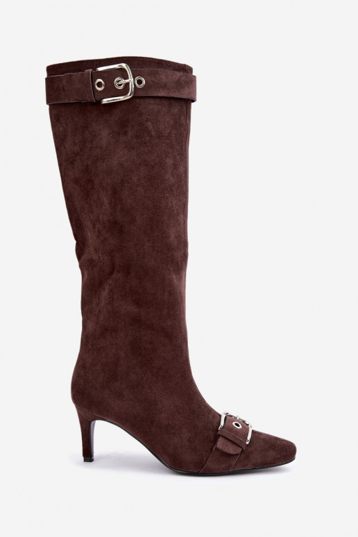 bottes hautes isolées avec talons fins et boucles en couleur marron Finessia