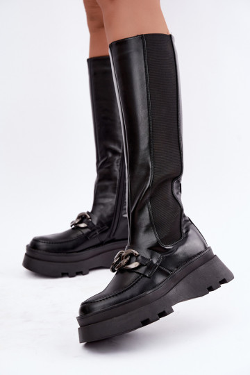 gefütterte kniehohe Stiefel mit Plateau und Ketten in schwarz Koraia 2