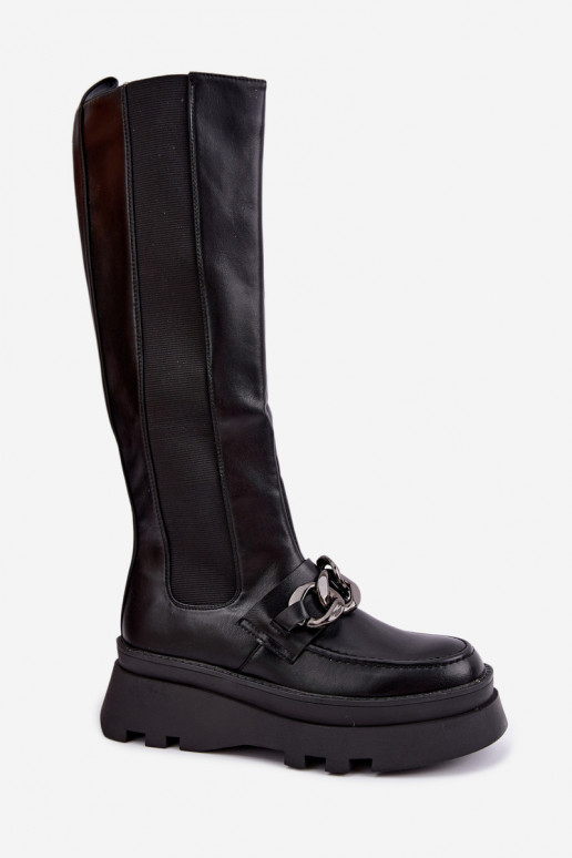 gefütterte kniehohe Stiefel mit Plateau und Ketten in schwarz Koraia