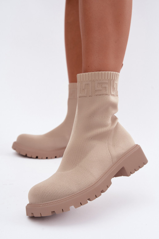 Bottines beiges de style chaussette avec talons larges Isaline
