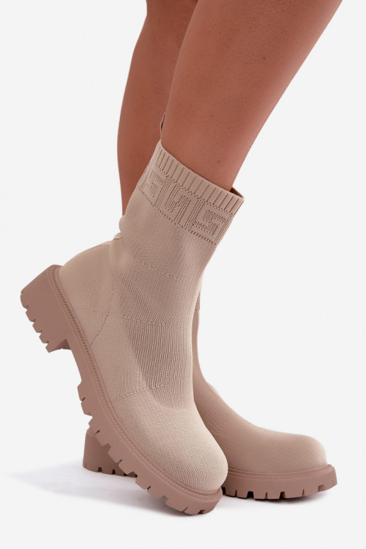 Bottines beiges de style chaussette avec talons larges Isaline