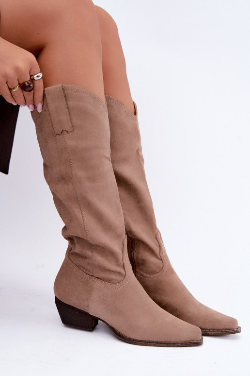 Beige cowboy laarzen tot de knie met lage hak Grisel