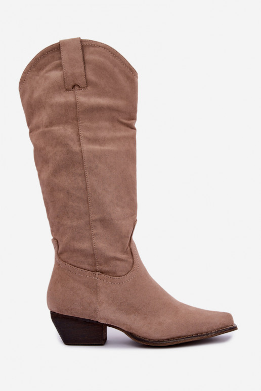 Beige cowboy laarzen tot de knie met lage hak Grisel