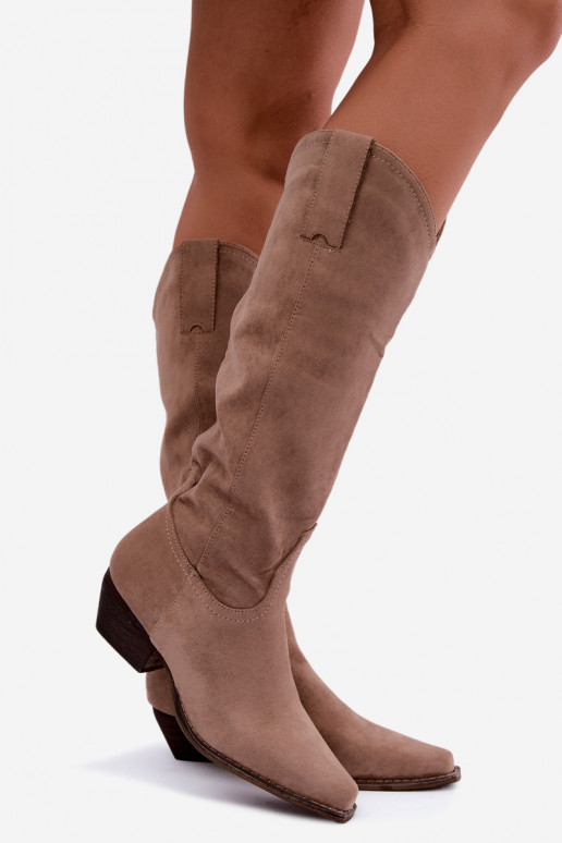 Beige cowboy laarzen tot de knie met lage hak Grisel