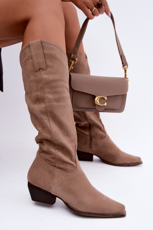 Beige cowboy laarzen tot de knie met lage hak Grisel