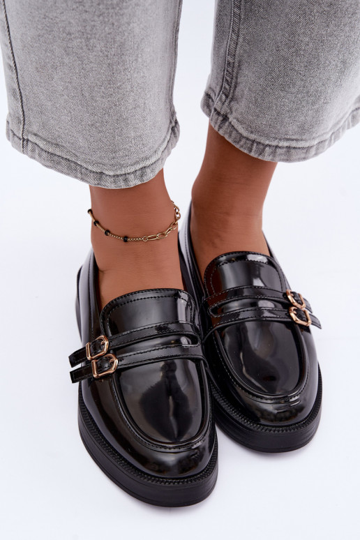 Zwarte dames mocassins met bandjes Perline