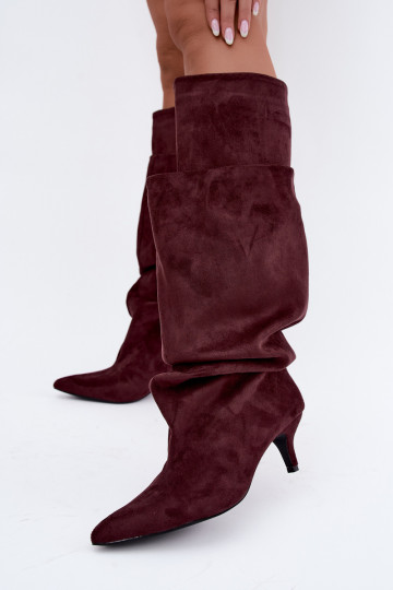 Orielle bottes longues chaudes avec volants et talons couleur bordeaux 2
