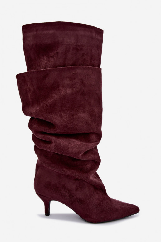 Orielle bottes longues chaudes avec volants et talons couleur bordeaux