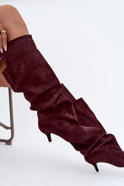 Orielle bottes longues chaudes avec volants et talons couleur bordeaux