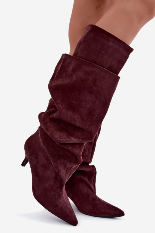 Orielle bottes longues chaudes avec volants et talons couleur bordeaux
