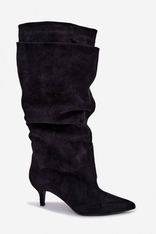 Orielle warme lange Stiefel mit Rüschen und Absätzen in Schwarz