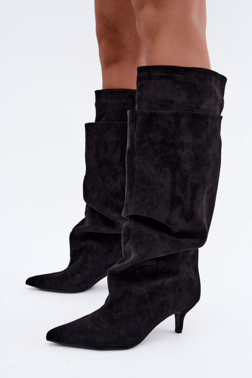 Orielle bottes longues chaudes avec volants et talons couleur noire