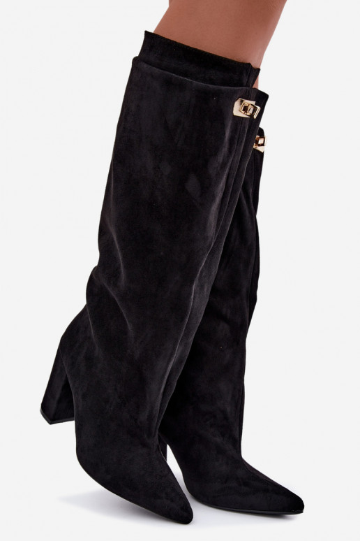 Warmes kniehohes Stiefel mit doppeltem Schaft und Absätzen, schwarz, aus Kunstveloursleder Luminelle