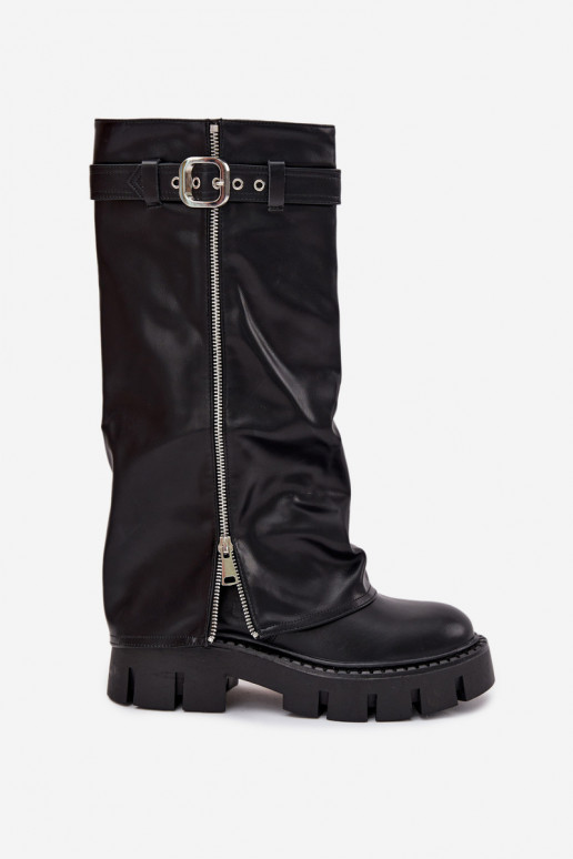 Bottes noires isolées au-dessus du genou avec choleika cousue et boucles argentées Armena