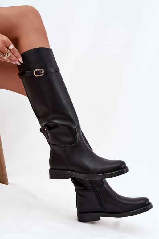 Schwarze Damenstiefel über dem Knie mit breiten Absätzen und goldenen Schnallen Sylvena