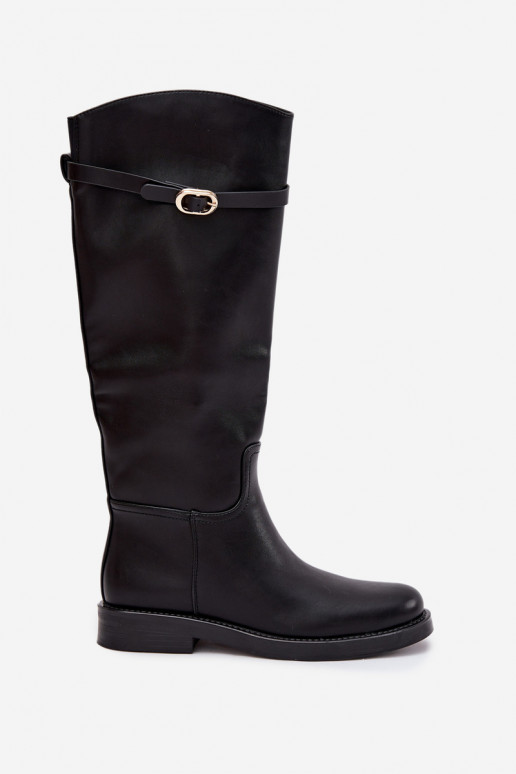Bottes noires pour femmes au-dessus du genou avec talons larges et boucles dorées Sylvena