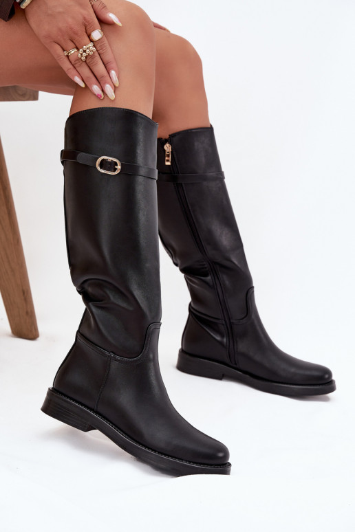 Bottes noires pour femmes au-dessus du genou avec talons larges et boucles dorées Sylvena