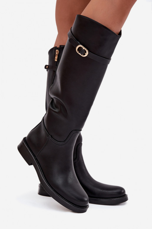 Bottes noires pour femmes au-dessus du genou avec talons larges et boucles dorées Sylvena