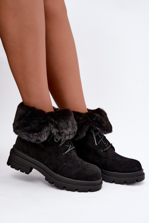 Bottines chaudes à lacets avec fourrure à l'intérieur en couleur noire Heloise