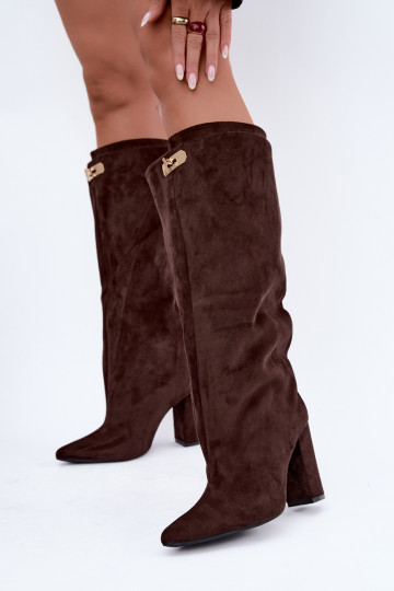 Warmen kniehohe Stiefel mit doppeltem Schaft und Absatz in Schokoladenfarbe aus Veloursleder Luminelle
