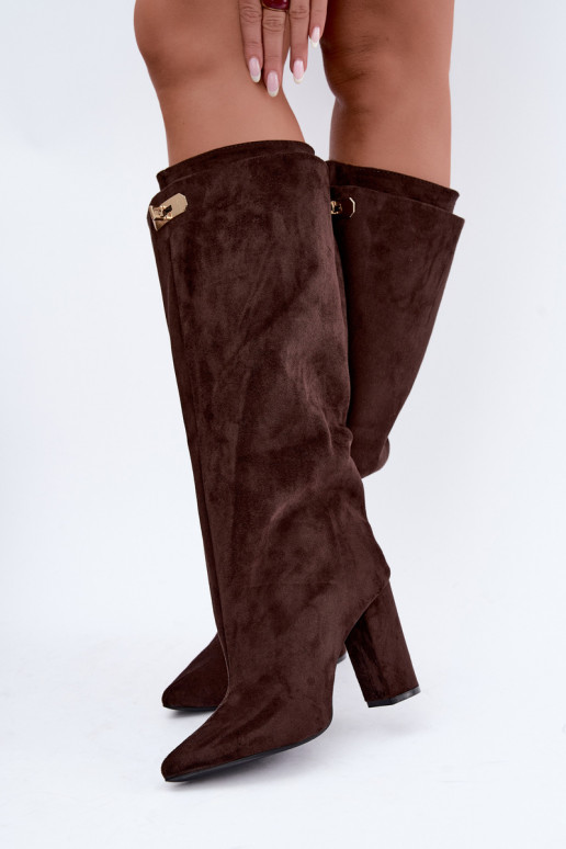 Warme hoge laarzen met dubbele schacht en hak in chocoladekleur van suede Luminelle