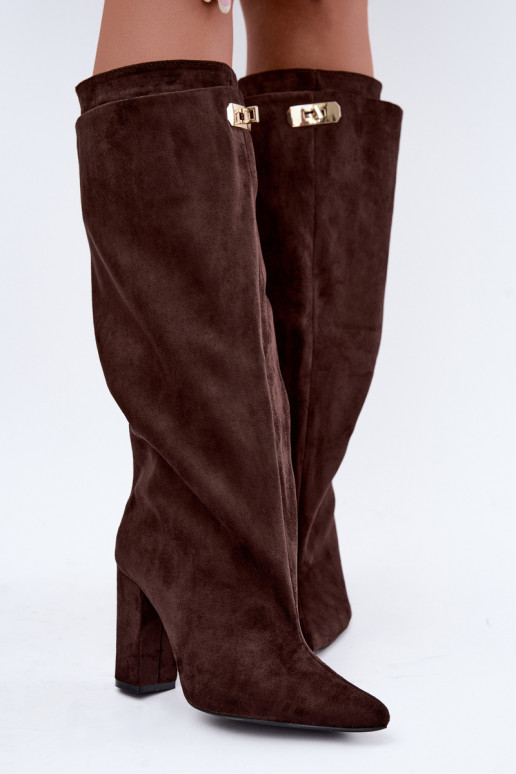 Warmen kniehohe Stiefel mit doppeltem Schaft und Absatz in Schokoladenfarbe aus Veloursleder Luminelle