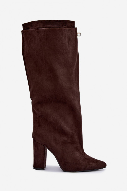 Warme hoge laarzen met dubbele schacht en hak in chocoladekleur van suede Luminelle