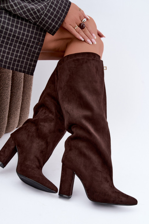 Warme hoge laarzen met dubbele schacht en hak in chocoladekleur van suede Luminelle