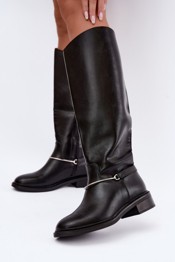 Bottes hautes avec larges talons et rubans décoratifs en couleur noire INillene 2