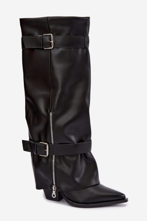 Hohe Stiefel mit Absatz und Schnürung mit Bändern und Schnallen in schwarzer Farbe Amorette