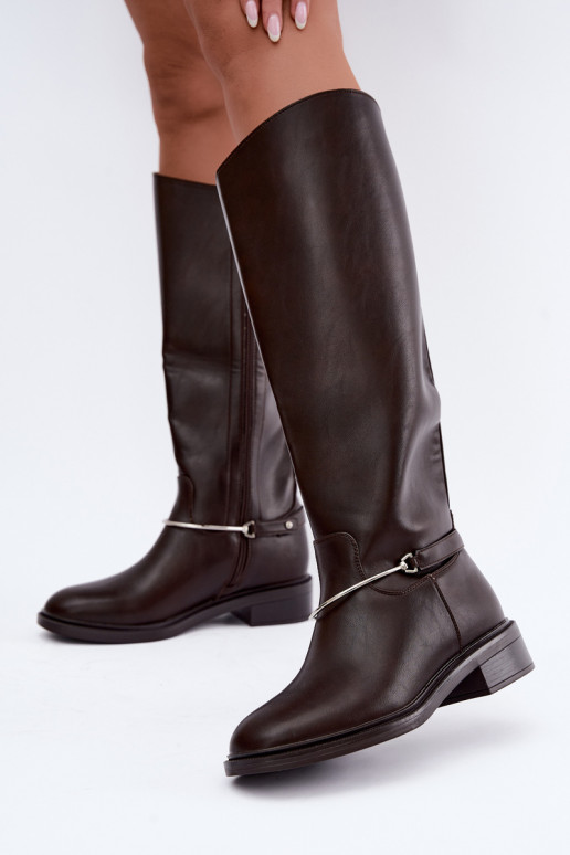 Bottes hautes avec larges talons et rubans décoratifs en couleur chocolat INillene