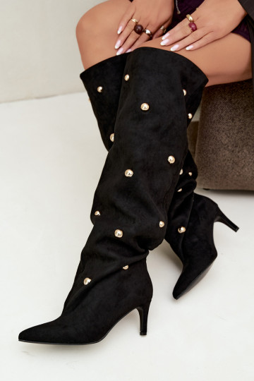 Bottes hautes à enfiler avec talons fins et détails ornés en couleur noire Beladine