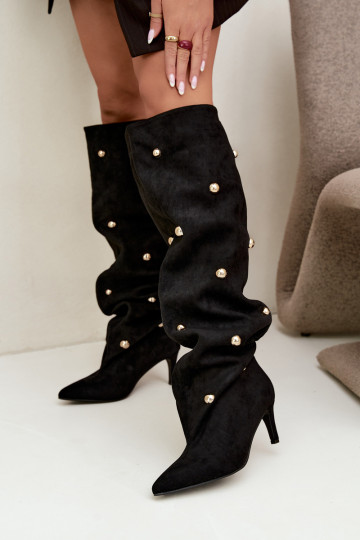 Bottes hautes à enfiler avec talons fins et détails ornés en couleur noire Beladine 2