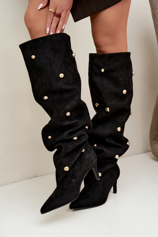 Bottes hautes à enfiler avec talons fins et détails ornés en couleur noire Beladine