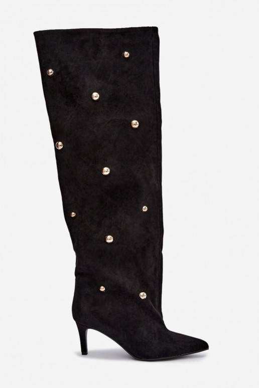 Bottes hautes à enfiler avec talons fins et détails ornés en couleur noire Beladine