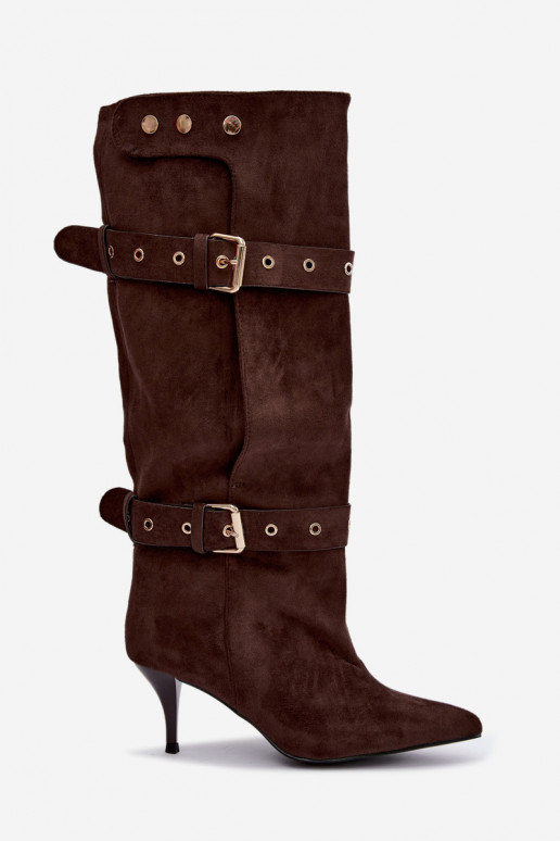 Bruine Isabeau enkellaarsjes met dunne hakken en gespen