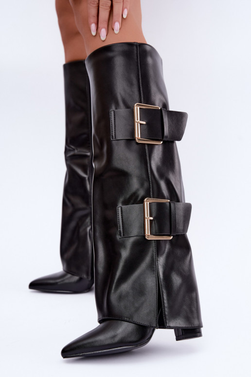 Isolierte Olympe kniehohe Stiefel mit goldenen Schnallen in Schwarz