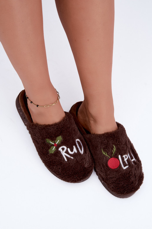 Chaussons pour femmes avec inscription marron foncé Perelle