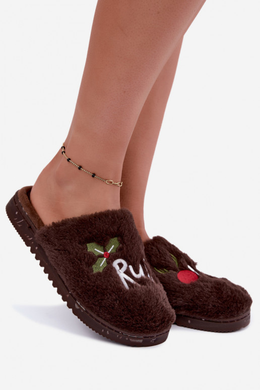Dames huisslippers met opdruk donkerbruin Perelle