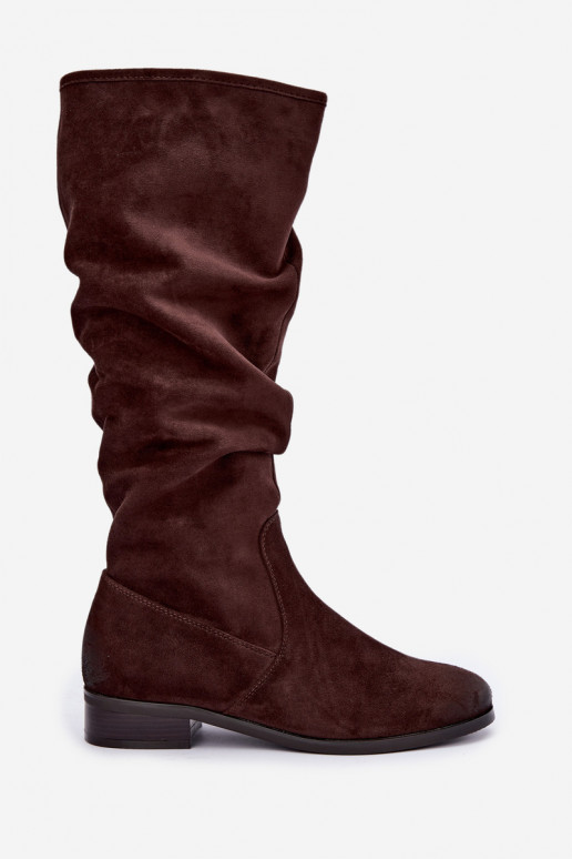 Geknautschte gefütterte Stiefel über dem Knie mit breitem Absatz in schokoladenfarbe Vinceza 58669